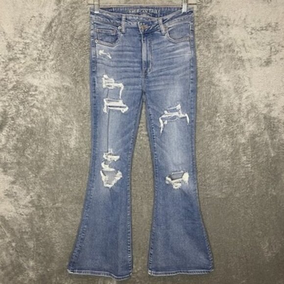 American Eagle Women Super High Rise Flare Destroyed Bell Bottom Stretch Jean 6 - Picture 1 of 13